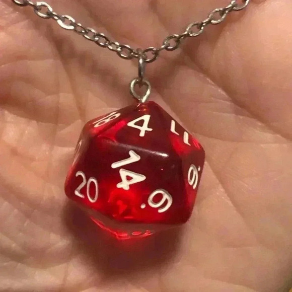 Red 20 Sided Die D&D Dungeons and Dragons Stainless Steel Necklace - Picture 1 of 4